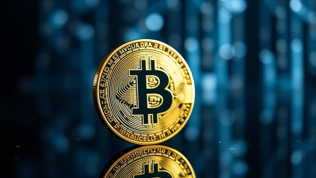 Detailed close-up of a physical Bitcoin coin reflecting light on a dark reflective surface with abstract blockchain network nodes visible in the blurred background, professional cryptocurrency photography