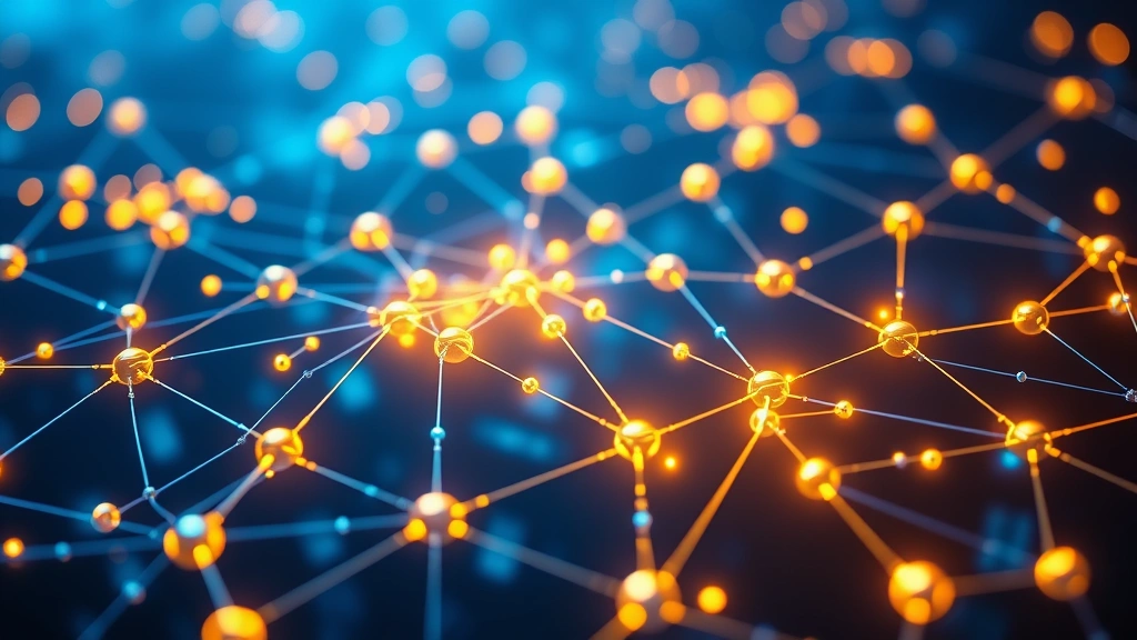 Photorealistic image of a blockchain network visualization with interconnected nodes glowing in blue and gold, representing Bitcoin's distributed security infrastructure and technological resilience
