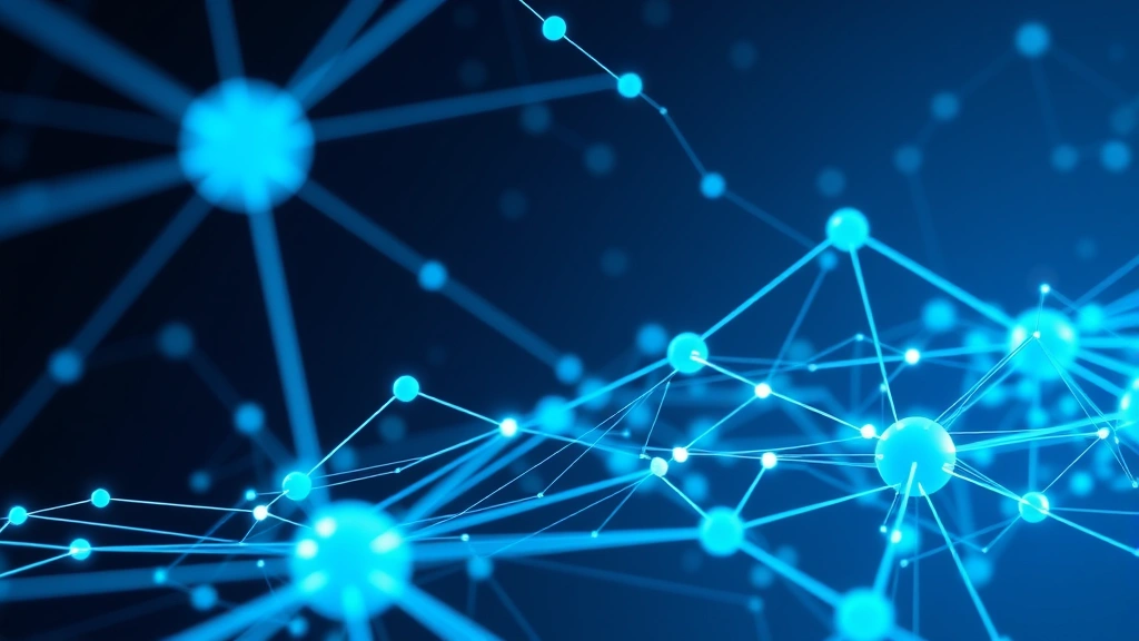 Digital blockchain network visualization with interconnected nodes and flowing data streams, futuristic technology aesthetic, blue and cyan color palette, no text or charts