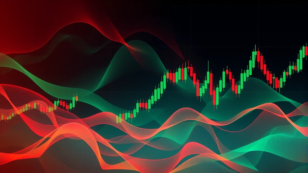 Abstract financial market visualization showing candlestick charts and market volatility patterns rendered as flowing geometric shapes in shades of red and green, representing price movements and trading activity