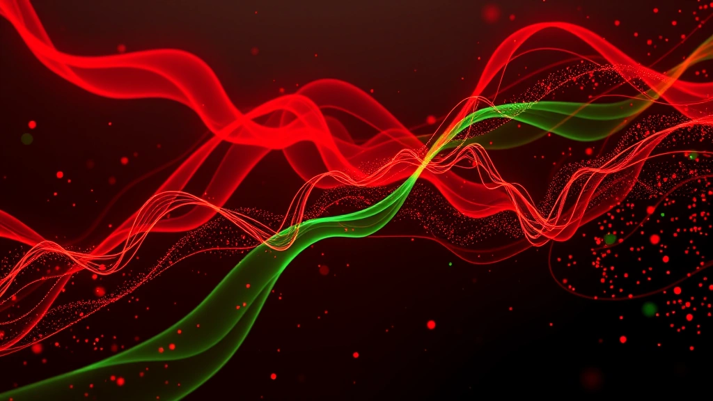 Abstract representation of financial volatility with flowing lines and particles in red and green, representing market fluctuations, modern crypto market sentiment visualization, no charts or ticker symbols