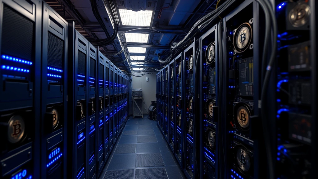 Bitcoin mining operation with specialized ASIC hardware units arranged in rows, blue LED lights illuminating the equipment, showing the computational infrastructure securing the blockchain network