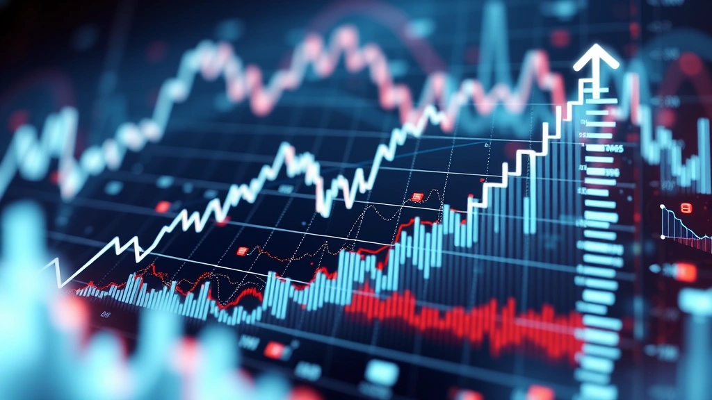 Photorealistic image of financial market data visualization with ascending and descending graphs rendered in holographic style, representing price volatility and market analysis