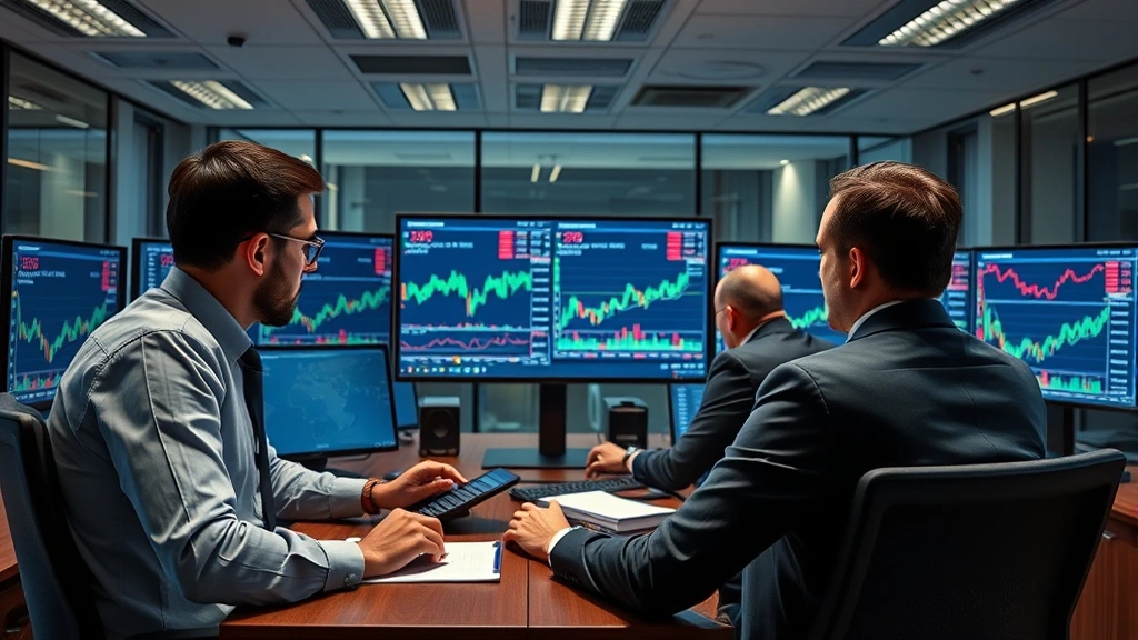 Photorealistic image of institutional investors in a modern trading office reviewing cryptocurrency market data on multiple screens, showing professional investment analysis environment without visible charts or readable data on screens