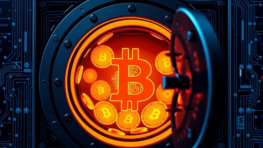 Photorealistic image of a secure digital vault with Bitcoin symbols, representing institutional custody, security infrastructure, and professional asset management in cryptocurrency