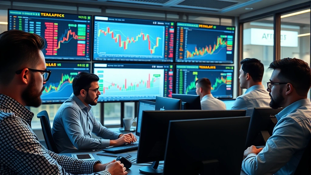 Photorealistic image of a diverse group of investors monitoring cryptocurrency portfolio performance on multiple screens in a modern trading office, showing concentration and focus on blockchain assets