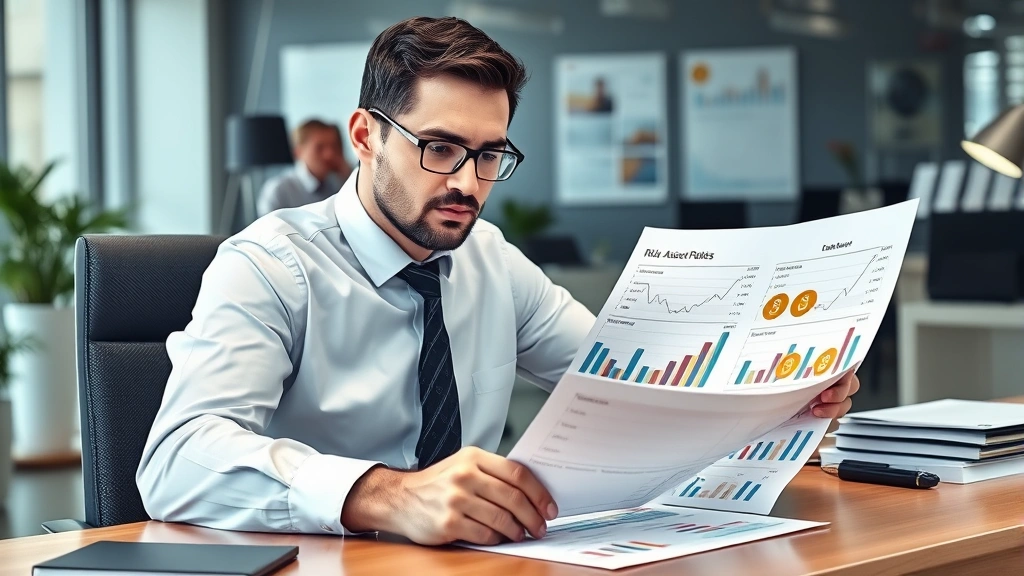 Photorealistic image of a financial advisor or investor reviewing portfolio documents and risk assessment charts with cryptocurrency assets, seated at a desk with modern office environment, showing thoughtful analysis and planning, neutral professional tones