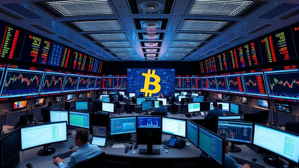 Panoramic view of a modern cryptocurrency trading floor with multiple monitors displaying market data, traders analyzing charts, Bitcoin symbol prominently featured, professional financial environment, no visible text on screens