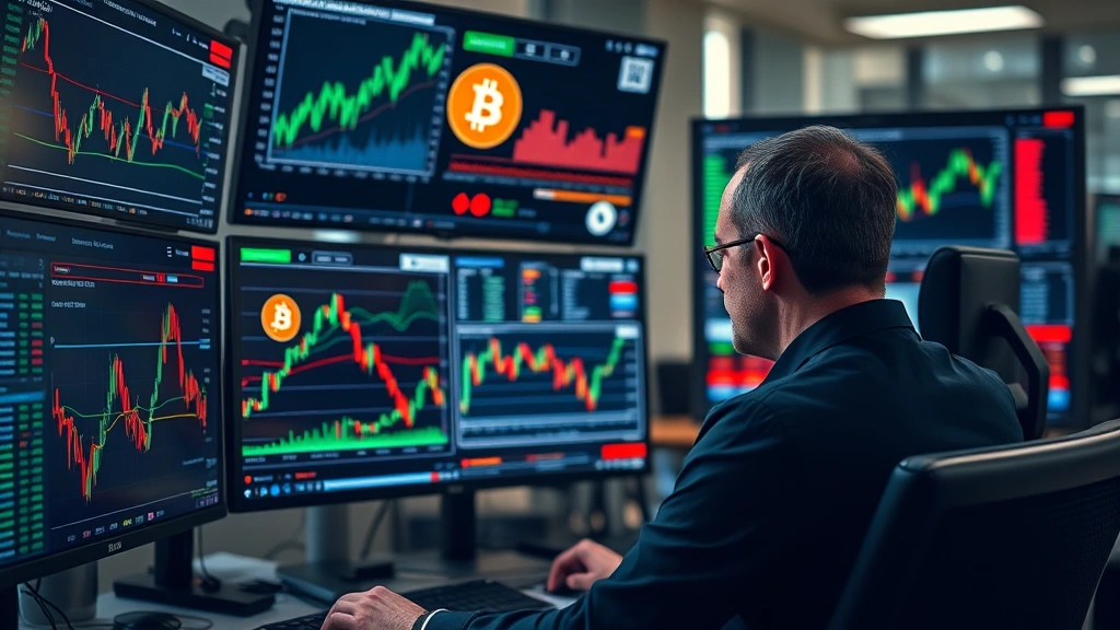 Photorealistic image of a professional investor analyzing market data on multiple monitors displaying cryptocurrency trends, with Bitcoin charts and market indicators, office environment