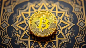 Golden Bitcoin coin floating above an Islamic geometric pattern background with Arabic calligraphy, representing the intersection of cryptocurrency and Islamic finance principles in modern banking
