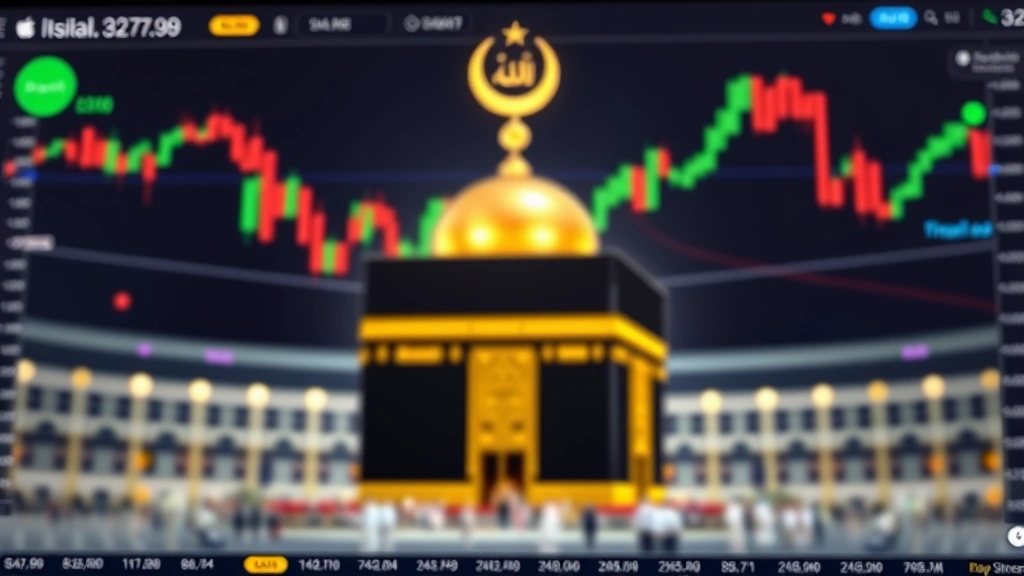 Modern cryptocurrency trading dashboard showing Bitcoin price charts with Islamic finance symbols and the Kaaba in soft focus background, symbolizing halal digital asset investment compliance