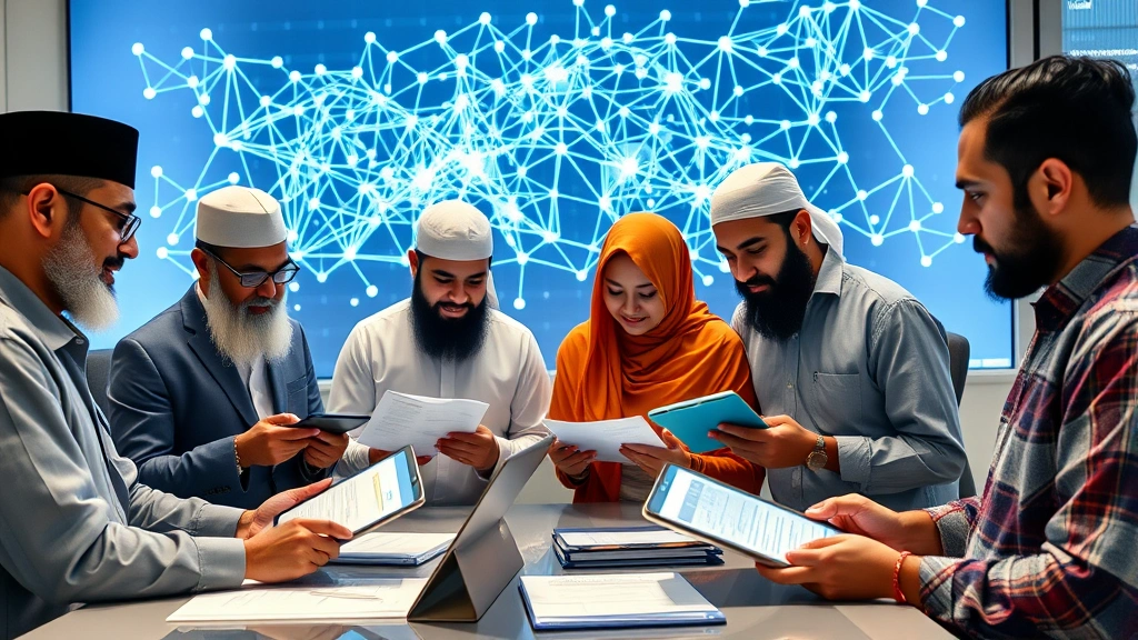 Diverse group of Muslim investors reviewing digital documents on tablets in a contemporary Islamic bank office with blockchain network visualization on the wall, representing institutional adoption of halal crypto