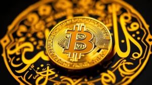Close-up of golden Bitcoin coin with Arabic calligraphy patterns glowing in background, representing Islamic finance intersection with cryptocurrency, professional lighting, photorealistic