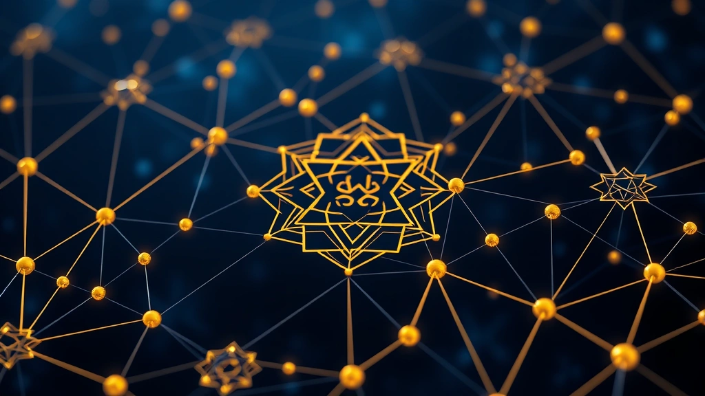 Abstract visualization of interconnected blockchain nodes with Islamic geometric patterns overlaid, representing decentralized Islamic financial network, deep blue and gold colors, photorealistic 3D rendering