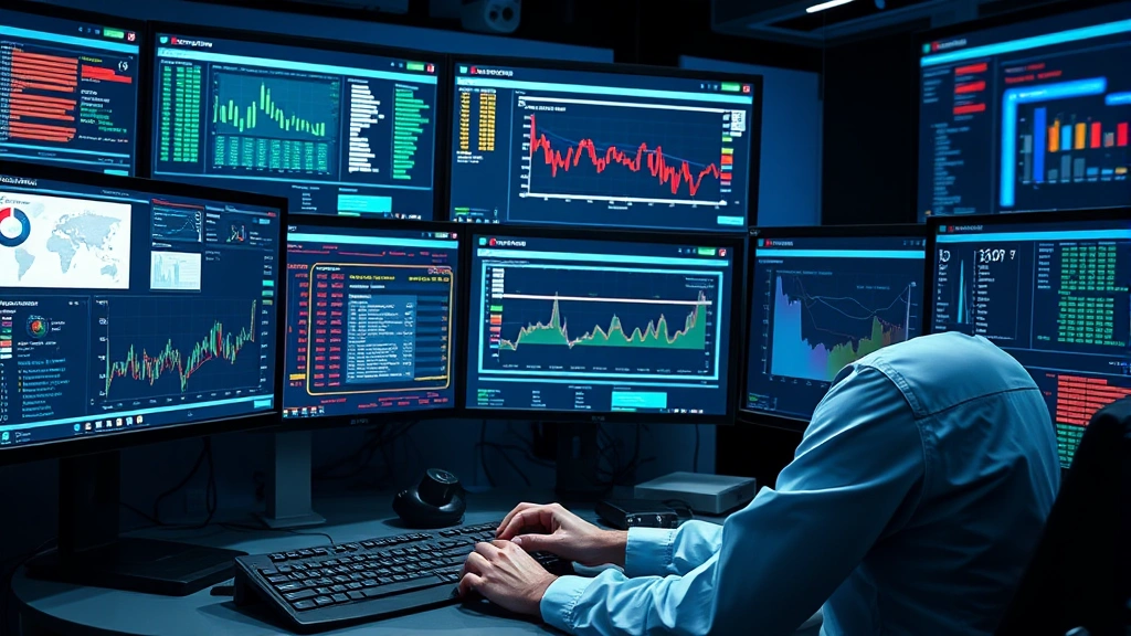 Photorealistic image of a security professional monitoring cryptocurrency transactions on advanced computer systems with multiple screens and data analysis dashboards, representing blockchain analysis and law enforcement tracking capabilities, no visible text or charts