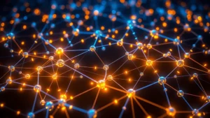 Photorealistic visualization of Bitcoin blockchain network with interconnected nodes glowing in blue and gold, data flowing between nodes showing cryptographic transactions, no text or labels, professional cryptocurrency imagery