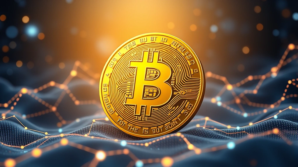 Golden Bitcoin coin in the center of a digital landscape with flowing data streams and blockchain network visualization in background, photorealistic 3D rendering, no text or numbers visible