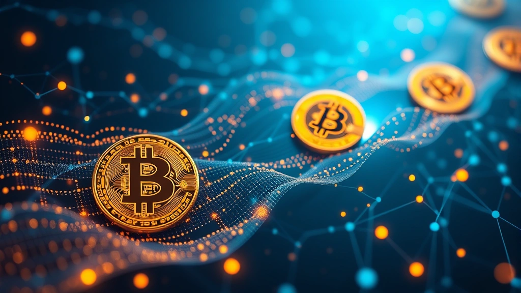 Abstract representation of digital currency showing Bitcoin symbols emerging from flowing streams of data and light, photorealistic style with deep blues and golden highlights, blockchain network structure visible in background, no text or charts