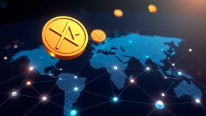 Photorealistic digital illustration of XRP and Bitcoin tokens floating above a global financial network with interconnected nodes and glowing pathways representing payment channels and blockchain technology, modern cryptocurrency aesthetic, no text or labels