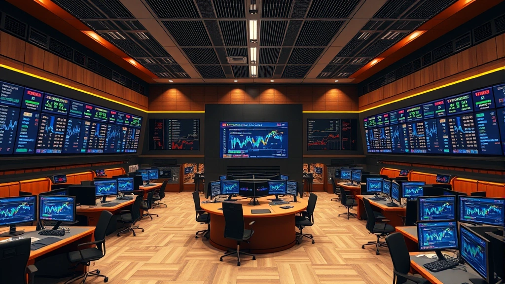 Detailed 3D rendering of a financial institution's trading floor with blockchain network visualization on screens, showing transaction flows and settlement processes, professional environment with modern technology integration, no charts or ticker symbols