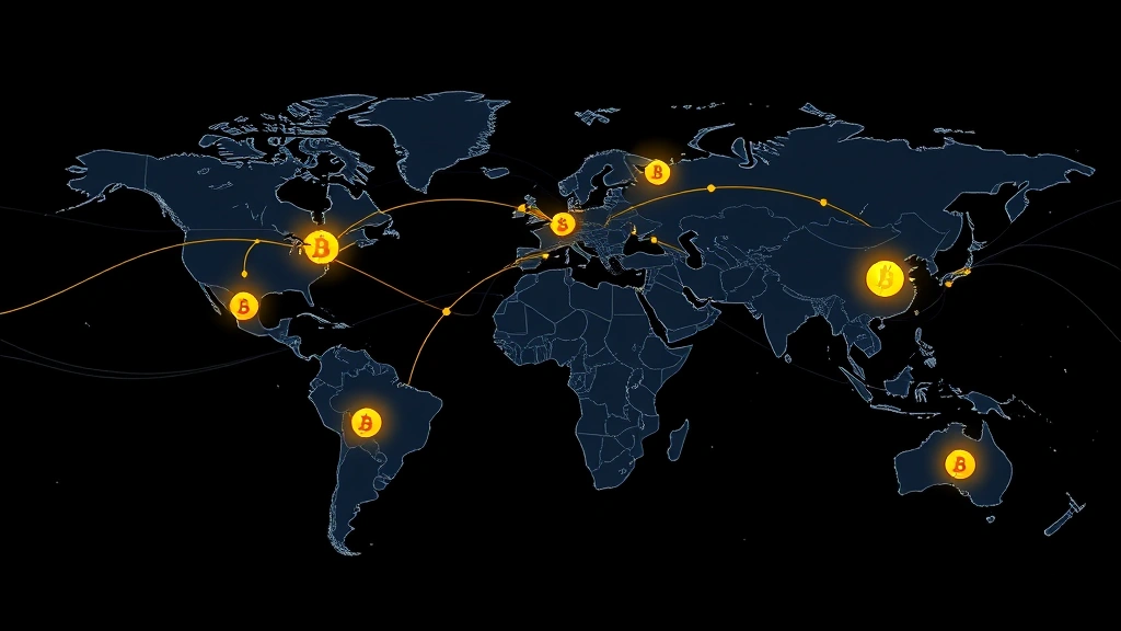 Photorealistic image of a global map with cryptocurrency symbols and payment routes highlighted, representing international remittance and institutional payment networks, abstract flowing lines connecting continents, clean professional design with no text elements