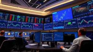 Modern financial trading floor with multiple screens displaying cryptocurrency data and blockchain network visualizations, professional traders analyzing Bitcoin market trends, contemporary office environment with digital displays