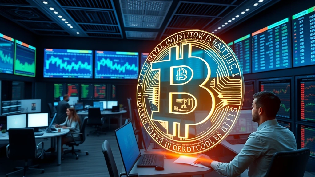 Institutional investment headquarters interior with sophisticated trading terminals, holographic Bitcoin symbol, corporate finance professionals reviewing digital asset allocation strategies, secure server rooms with blockchain infrastructure