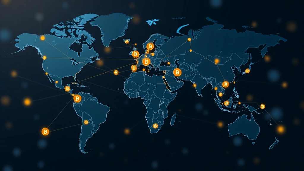 Global financial network visualization with interconnected nodes representing Bitcoin transactions, institutional investors from different countries connected through blockchain technology, abstract representation of capital flows and cryptocurrency adoption worldwide