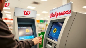 Person using a Bitcoin ATM at a Walgreens store, inserting cash into the machine, modern retail pharmacy interior with bright lighting and shelves in background, hands visible on the touchscreen interface