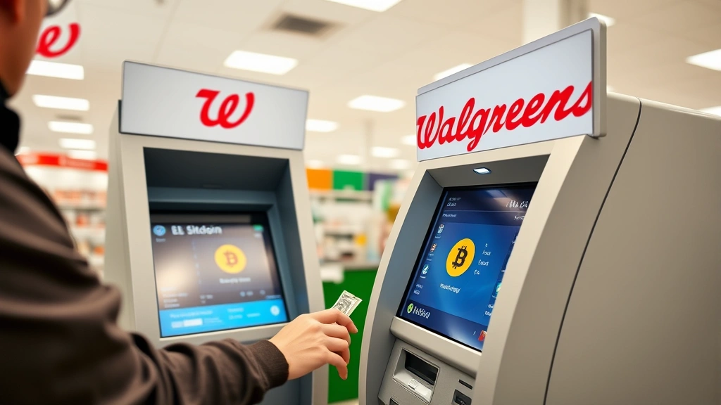 Person using a Bitcoin ATM at a Walgreens store, inserting cash into the machine, modern retail pharmacy interior with bright lighting and shelves in background, hands visible on the touchscreen interface