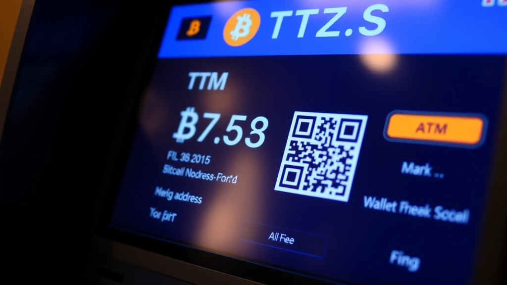 Close-up of a LibertyX Bitcoin ATM touchscreen displaying Bitcoin price and transaction details, showing wallet address QR code and fee information, realistic ATM interface with numbers and buttons visible