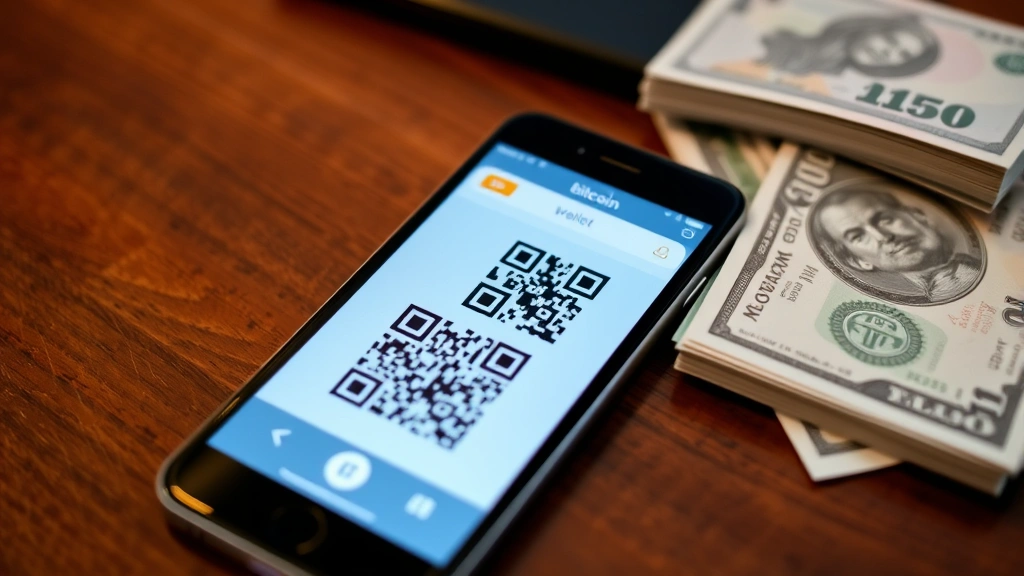 Smartphone displaying a Bitcoin wallet app with QR code ready to scan, sitting next to cash bills on a table, mobile cryptocurrency transaction in progress, modern digital financial technology concept