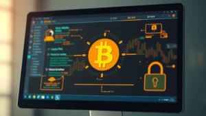 Photorealistic image of a secure Bitcoin wallet interface on a computer screen with a padlock symbol and encryption elements, cryptocurrency security concept, no text visible