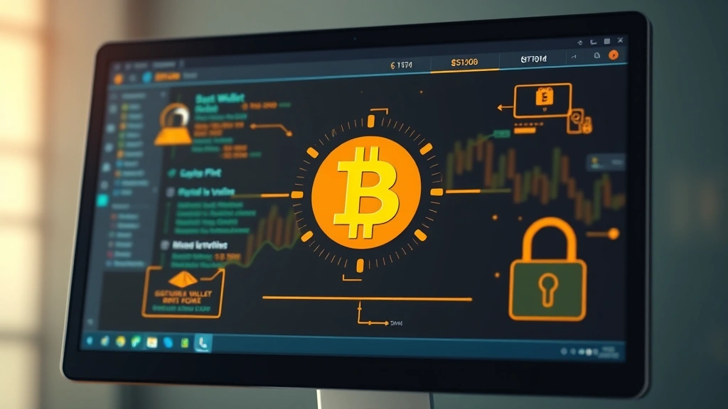 Photorealistic image of a secure Bitcoin wallet interface on a computer screen with a padlock symbol and encryption elements, cryptocurrency security concept, no text visible