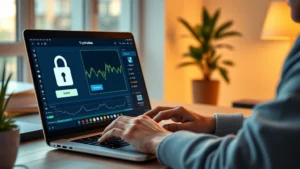 Photorealistic image of a person using a laptop for cryptocurrency trading, showing security features like padlock symbols and two-factor authentication interface on screen, modern home office setting, warm lighting