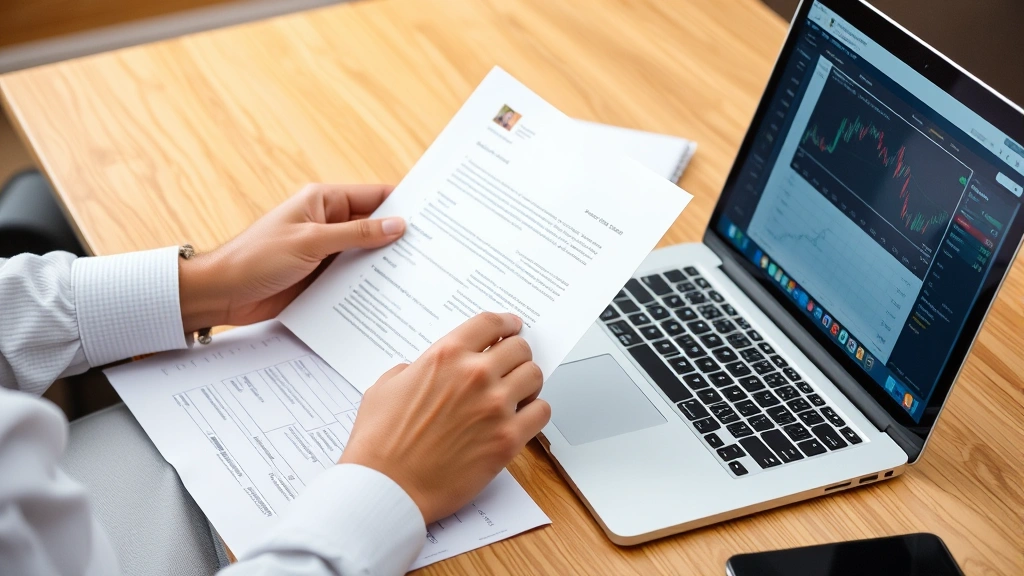 Person carefully reviewing documents and checking credentials at a desk with a laptop showing trading interface, representing due diligence and verification processes