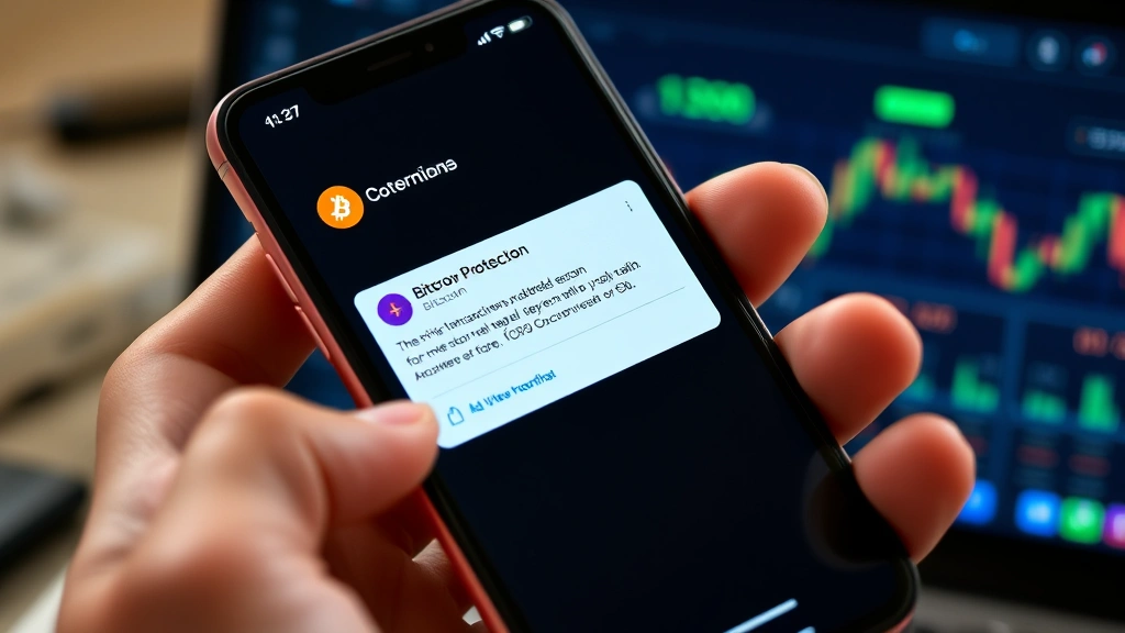 Detailed close-up of a smartphone displaying a Bitcoin transaction confirmation with escrow protection status, hands holding phone securely, professional cryptocurrency trading dashboard visible