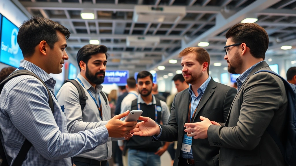 Diverse traders meeting safely in a well-lit public location with visible security cameras, conducting peer-to-peer cryptocurrency transaction with professional demeanor