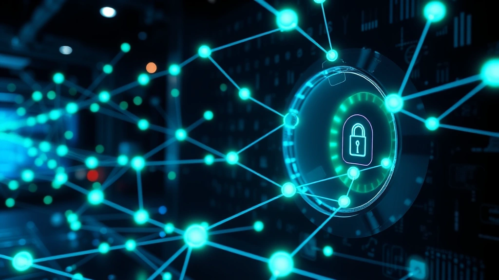 Photorealistic scene of a secure digital vault or blockchain network visualization, glowing blue and green nodes connected together, representing peer-to-peer transactions and cryptographic security, dark background with digital elements