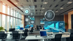 Photorealistic image of a modern corporate office with futuristic holographic displays showing blockchain networks and cryptocurrency data visualizations floating above desks, representing institutional adoption and digital treasury management in a professional business environment.