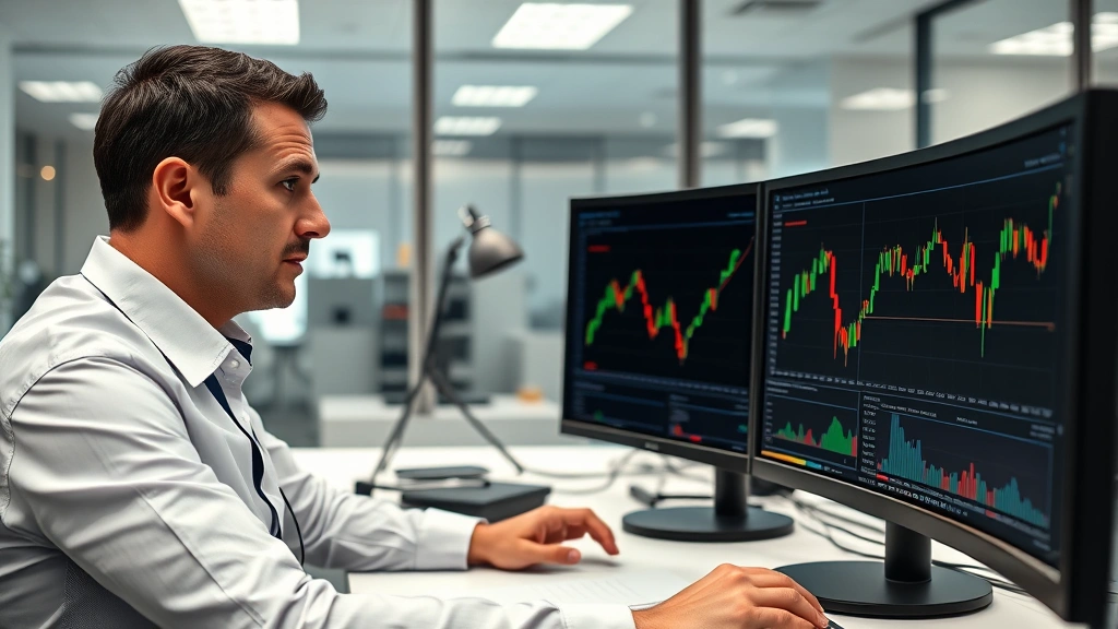 Photorealistic image of a professional businessman in a modern office analyzing Bitcoin charts on multiple monitors, showing confident but focused expression, clean corporate environment