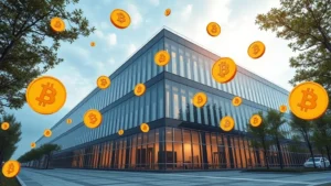 Photorealistic image of a modern corporate office building with digital Bitcoin symbols floating in the background, representing institutional crypto adoption and corporate treasury transformation in contemporary business settings