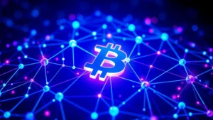 Digital blockchain network visualization with interconnected nodes glowing blue and purple, representing Bitcoin's decentralized architecture and network security