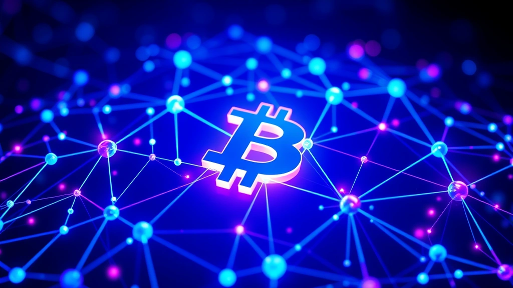 Digital blockchain network visualization with interconnected nodes glowing blue and purple, representing Bitcoin's decentralized architecture and network security