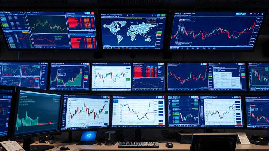 Photorealistic photograph of a high-tech trading floor with multiple monitors displaying financial data, network diagrams, and risk management dashboards, showing sophisticated portfolio management and institutional investment strategies without visible charts or text.