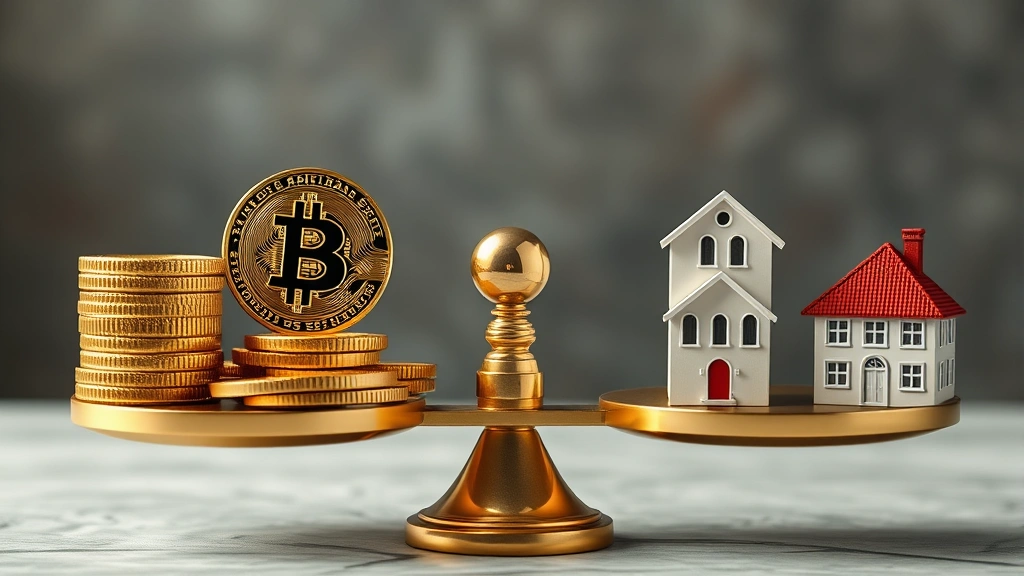Photorealistic visualization of a balance scale with Bitcoin coins on one side and traditional assets like gold bars and real estate on the other, symbolizing portfolio diversification choices