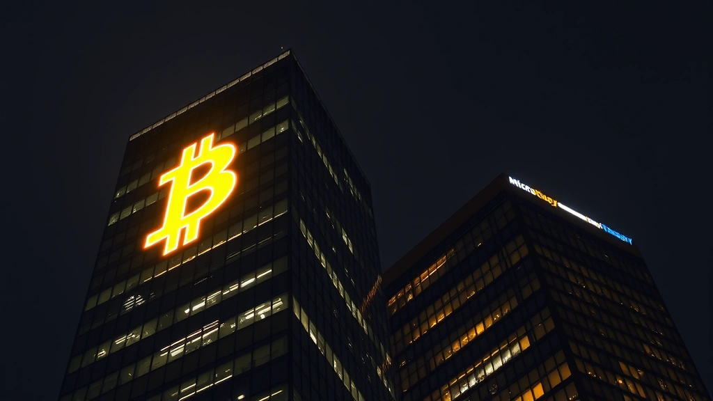 Corporate skyscraper with glowing Bitcoin symbol on building facade at night, symbolizing MicroStrategy's Bitcoin treasury strategy and institutional crypto integration in business