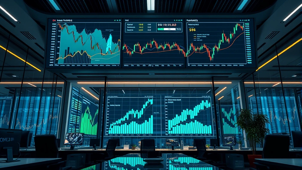 Corporate office interior with financial charts and data displays showing volatility patterns, representing corporate treasury management complexity and risk analysis