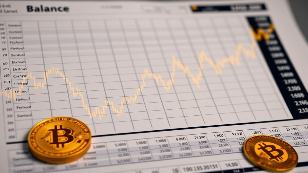 Photorealistic visualization of a balance sheet or financial ledger with fluctuating graph lines and cryptocurrency-themed elements, showing the volatility and risk management challenges in corporate Bitcoin holdings