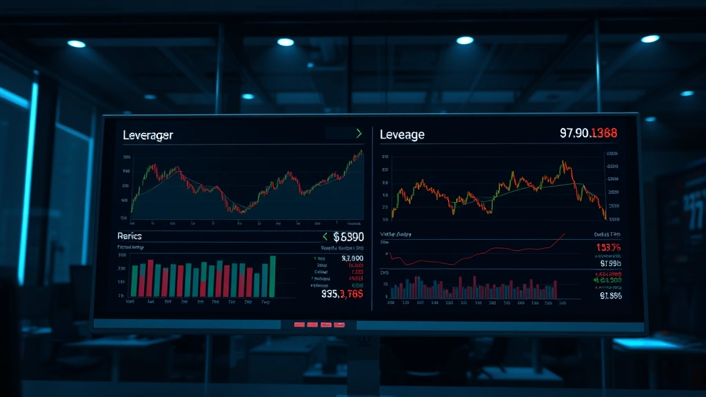 Photorealistic image of a financial risk dashboard showing volatility metrics and leverage indicators in a corporate trading room setting with dim blue lighting